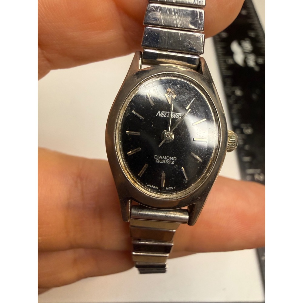 Nelsonic Diamond Quartz Watch Black Dial Silver Tone Expansion Band MX03BD-065